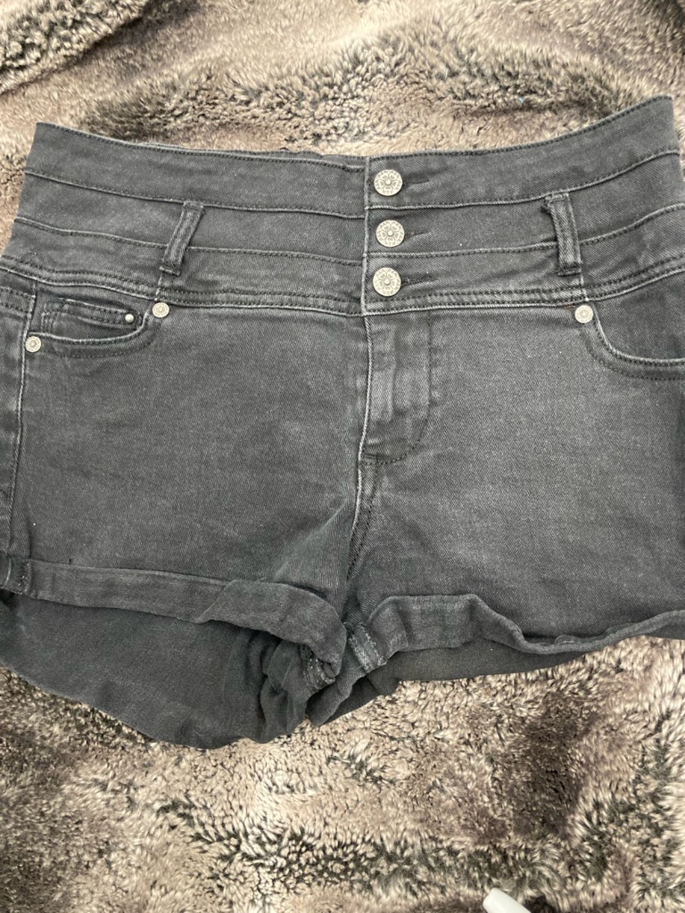 1st Kiss High-Waist Black Denim Shortalls with Triple Button